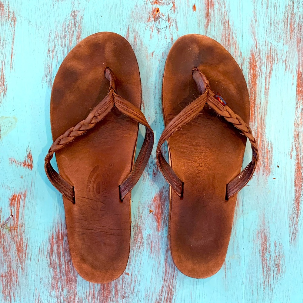 Brown Leather Rainbow Flip Flops Size X-Large Women’s flirty braidy braided